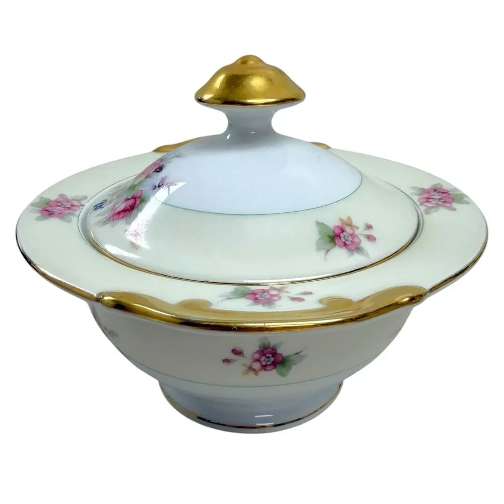 Vintage Blossom China Porcelain Sugar‎ Bowl w/Lid & Creamer Set Floral Japan